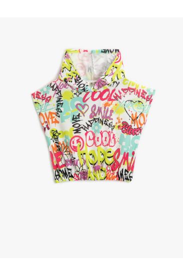 Kolsuz Kapşonlu Sweatshirt Crop Grafiti Baskılı resmi